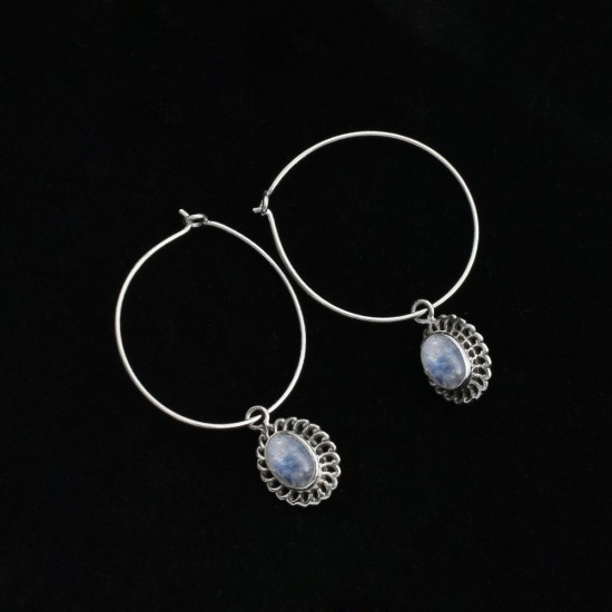 Indian Jewelry !! Natural Rainbow Moonstone 925 Sterling Silver Hoop Earring