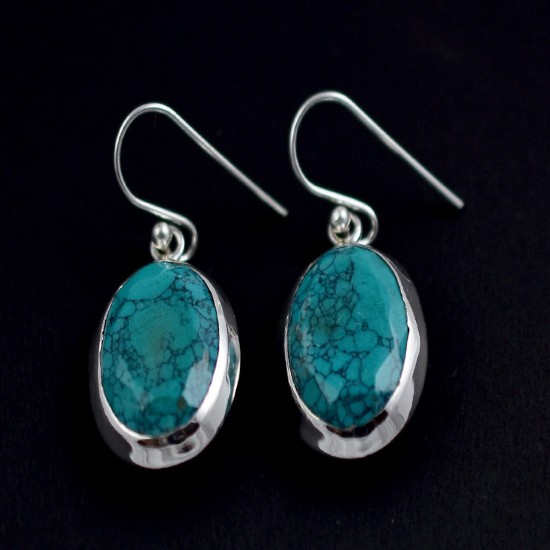 Natural Turquoise Earring Handmade 925 Sterling Silver Oval Shape Drop Dangle Hook Earring Jewellery