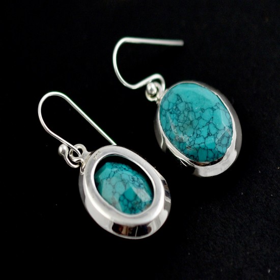 Natural Turquoise Earring Handmade 925 Sterling Silver Oval Shape Drop Dangle Hook Earring Jewellery