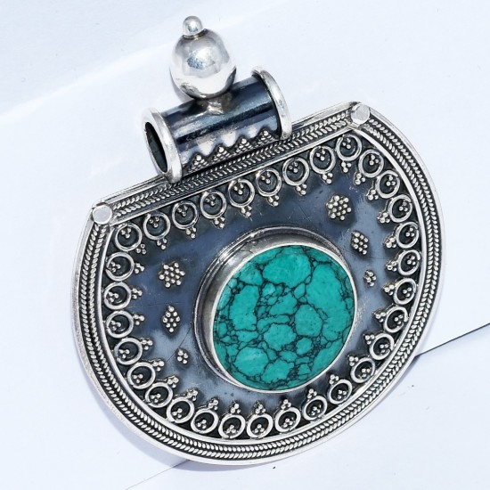 Natural Turquoise Pendant Handmade 925 Sterling Silver Round Shape Oxidized Silver Jewelry