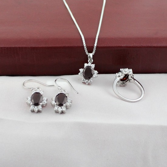 Path Of Love Natural Garnet White CZ Gemstone Rhodium Plated Jewellery Set 925 Sterling Silver Handmade Jewellery