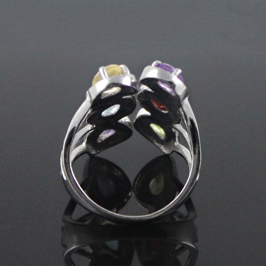 Pear Shape Multi Stone 925 Sterling Silver Rhodium Plated Ring Jewelry