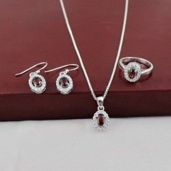 Perfect Gift For Bridal Jewelry Set Red Garnet White CZ 925 Sterling Silver Rhodium Polished Jewelry