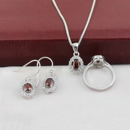 Perfect Gift For Bridal Jewelry Set Red Garnet White CZ 925 Sterling Silver Rhodium Polished Jewelry