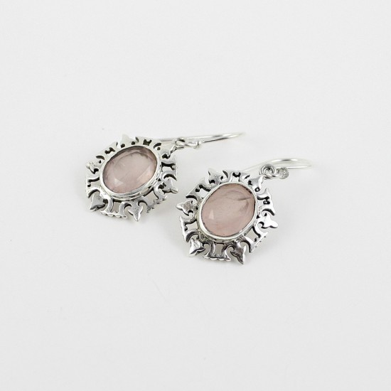 Pink Rose Quartz Oval 925 Sterling Silver Earring Jewelry