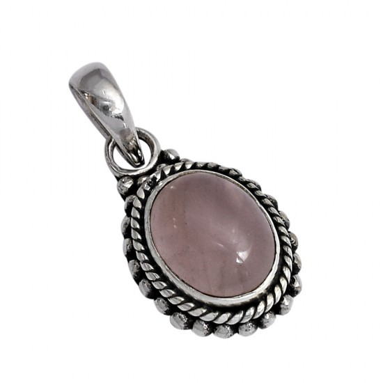 Pink Rose Quartz Oval Shape 925 Sterling Silver Pendant Jewelry