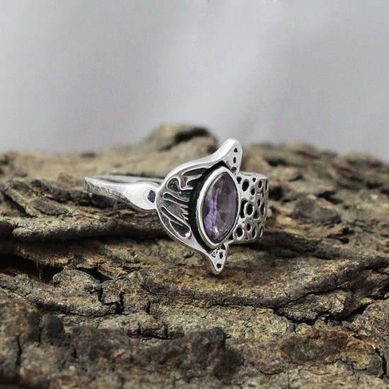 Natural Marquise Shape Purple Amethyst 925 Sterling Silver Ring