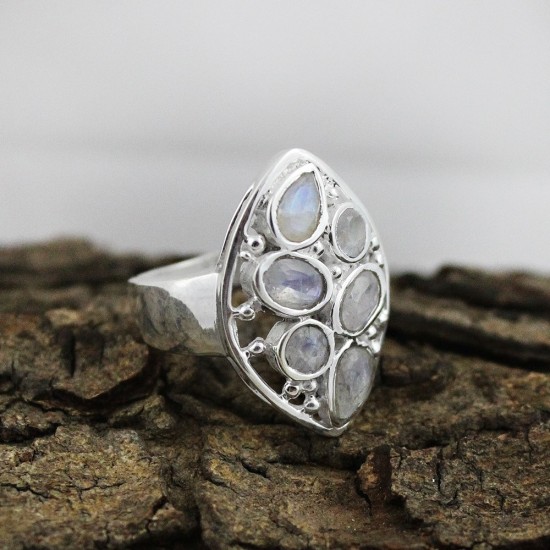 Oval Pear Shape White Rainbow Moonstone 925 Sterling Silver Ring