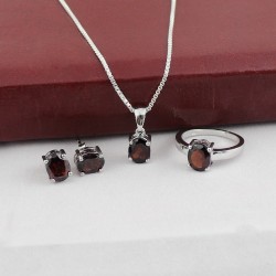 Red Garnet Gemstone Set 925 Sterling Silver Rhodium Polished Jewelry Birthstone Jewelry