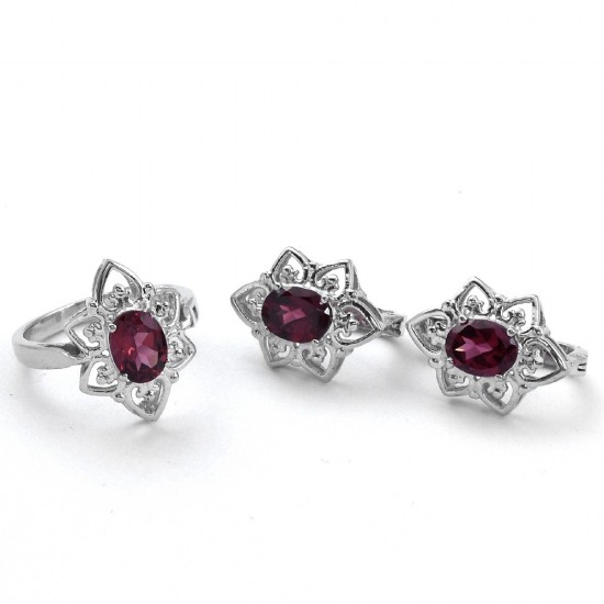 Red Garnet Handmade Rhodium Polished Ring Earring Jewellery Set 925 Sterling Silver Women Jewellery