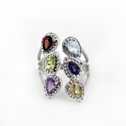 Rhodium Plated 925 Sterling Silver Multi Stone Ring