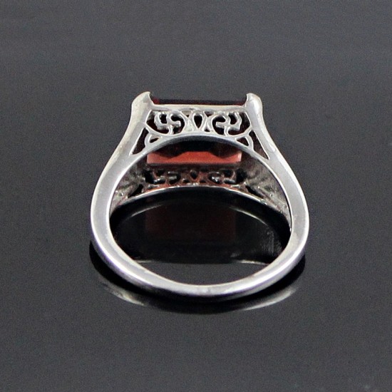 Rhodium Plated Garnet 925 Sterling Silver Ring Jewelry
