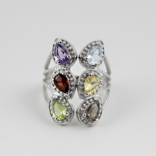 Rhodium Plated Natural Multi Color Stone 925 Sterling Silver Ring Jewelry