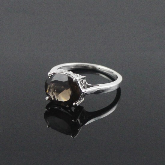 Delicate Prong Setting Rhodium Plated Smoky Quartz 925 Sterling Silver Ring Jewelry