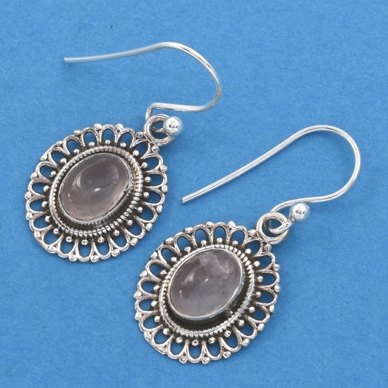 Rose Quartz Drop Dangle Earring Handmade 925 Sterling Silver Oxidized Silver Women Earring Jewelry