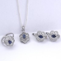 Sapphire American Diamond Ring Earring Jewelry Set 925 Sterling Silver Handmade Rhodium Polished 925 Stamped Jewellery