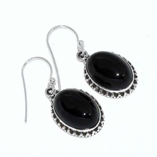 925 Sterling Silver Black Onyx Oval Drop Dangle Filigree Earrings 