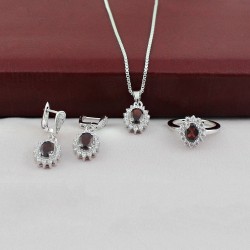 Stylish Red Garnet White CZ Gemstone Rhodium Polished Jewelry Set Handmade 925 Sterling Silver Set Jewelry