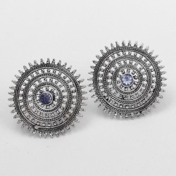 Surpassing Round Shape Blue Topaz Stud Earring 925 Sterling Silver Handmade Oxidized Jewellery