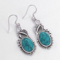 Turquoise Drop Dangle Earring Oval Shape Stone Solid 925 Sterling Silver Silver Oxidized Jewellery