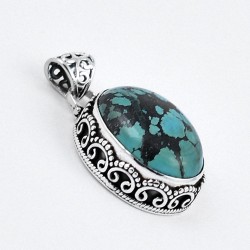 Turquoise Pendant Oval Shape Handmade 925 Sterling Silver Oxidized Jewellery Gift For Her