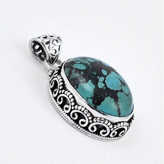Turquoise Pendant Oval Shape Handmade 925 Sterling Silver Oxidized Jewellery Gift For Her