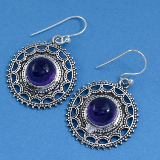 Unique Silver Jewelry Purple Amethyst Drop Dangle Earring Solid 925 Sterling Silver Oxidized Jewelry