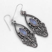 Unusual Design Rainbow Moonstone Drops Earring Solid 925 Sterling Silver Handmade Jewellery
