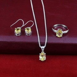 Yellow Citrine Gemstone Rhodium Polished Jewelry Set 925 Sterling Silver Women Handcrafted Jewelry