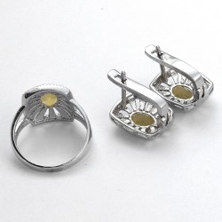 Yellow Opal Ring Earring Jewellery Set 925 Sterling Silver Rhodium Polished Silver Jewellery Sets